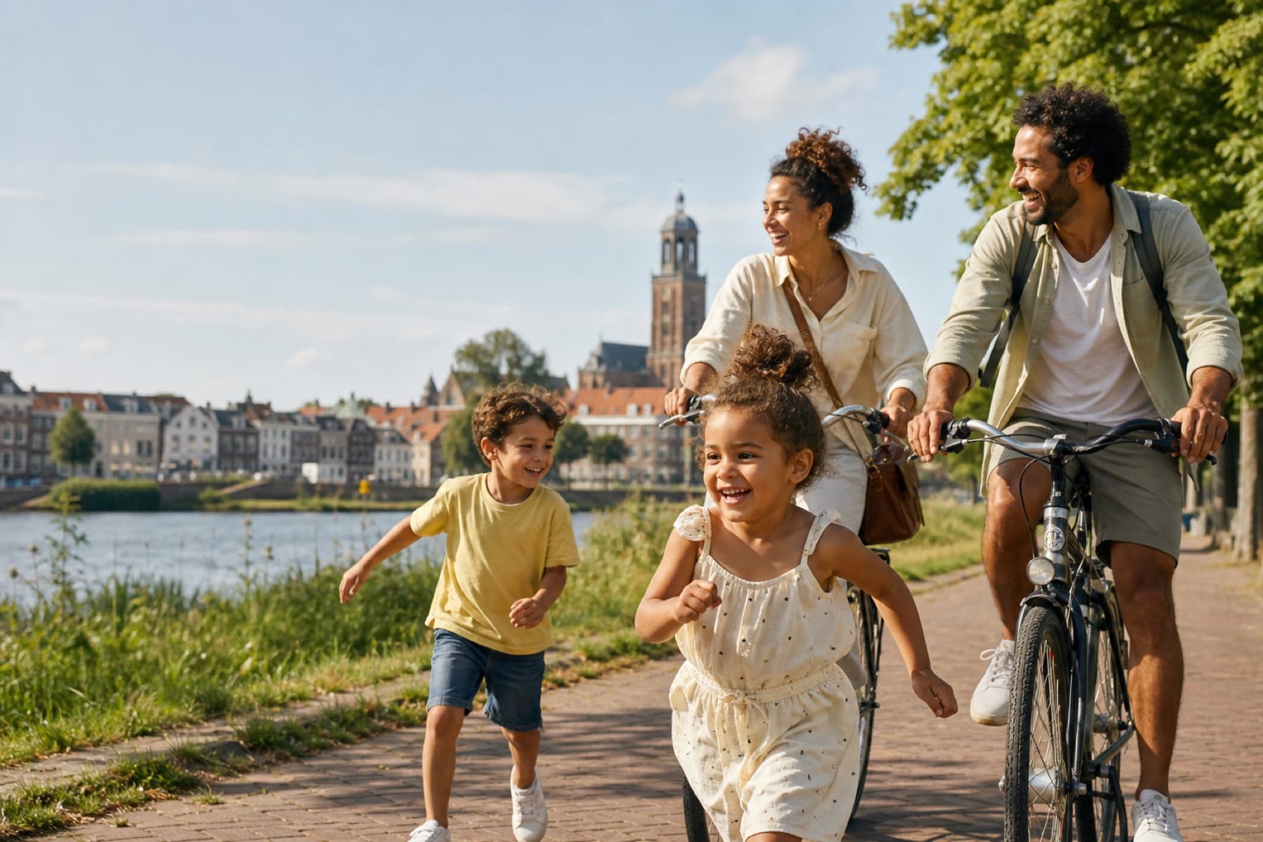 Een gezin op pad tijdens een zonnig weekend in de stad